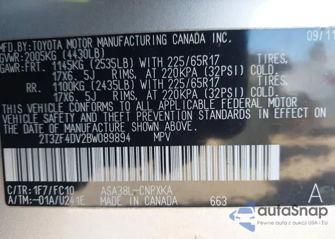 2011 Toyota Rav4 z USA, uszkodzony, nr VIN 2T3ZF4DV2BW089894